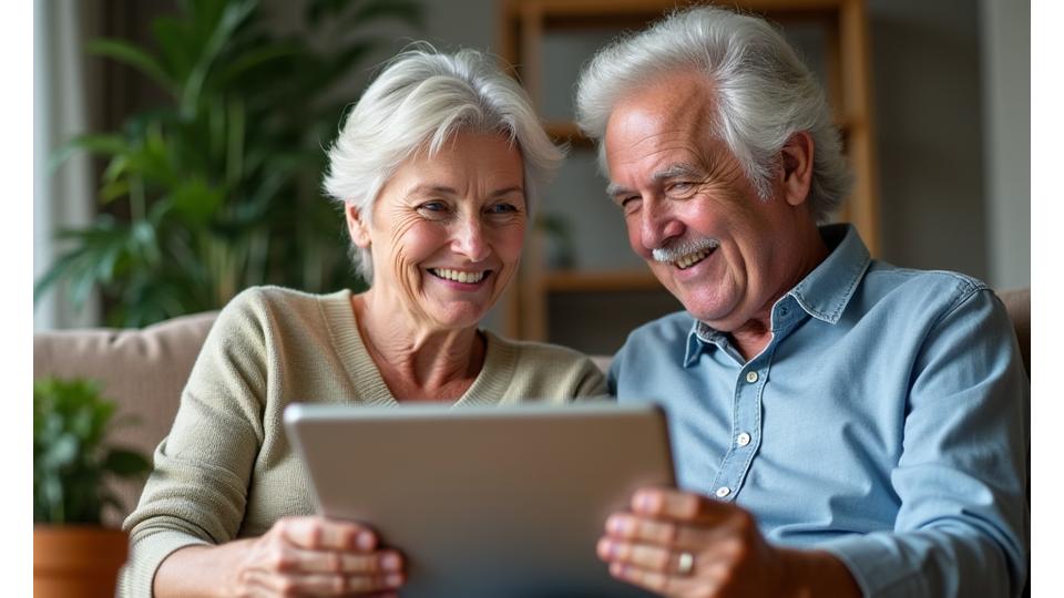 Two diverse adults 35+, one man and one woman, with warm, supportive expressions, gently smiling and nodding while looking at a tablet screen together, implying online community interaction in a trustworthy setting.
