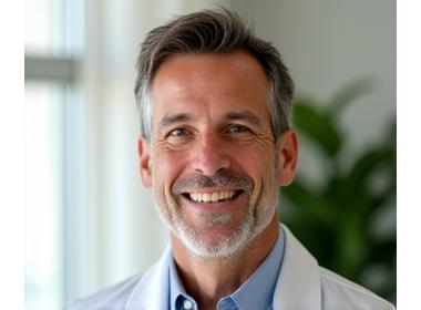 Dr. David Miller, a thoughtful and experienced functional medicine practitioner of caucasian descent, in a modern, light-filled clinic.