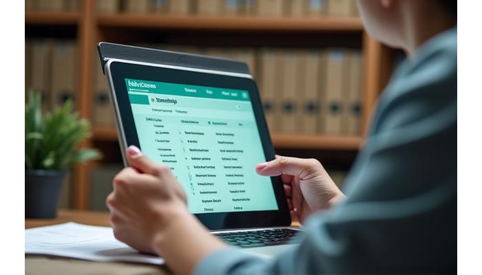 Person using a tablet to search through an online knowledge base, with a diverse array of professional documents and data visible, symbolizing an archive.