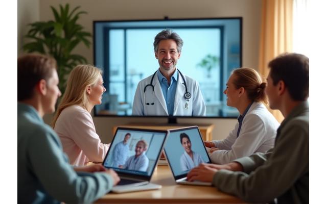Diverse group of adults 35+ engaging in an online live Q&A session with a doctor on screen, conveying trust and focused interaction.