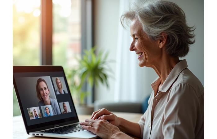 A woman in her 40s participating in a virtual wellness workshop on a laptop, with a clear and user-friendly interface visible.