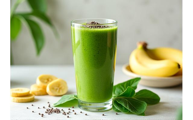 A refreshing green smoothie in a clear glass, made with spinach, banana, and ginger, topped with chia seeds, conveying a healthy, fiber-rich beverage for digestive support.