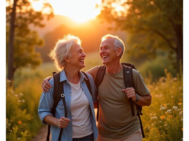A vibrant, active senior couple laughing while hiking in a beautiful natural landscape, embodying healthy aging, longevity, and vitality.