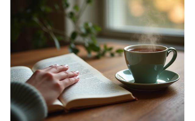 A person journaling peacefully with a cup of herbal tea, representing effective stress management and mental clarity.