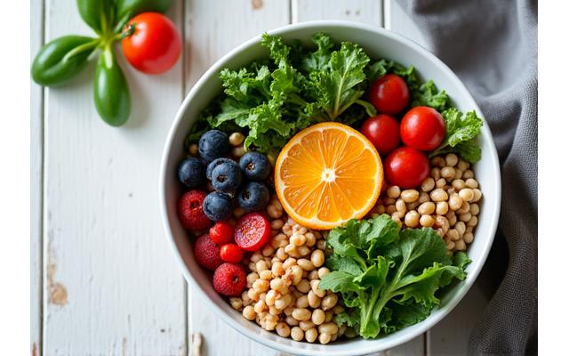 A vibrant bowl of fresh salad with leafy greens, colorful vegetables, and a light dressing, symbolizing nutrition tracking.