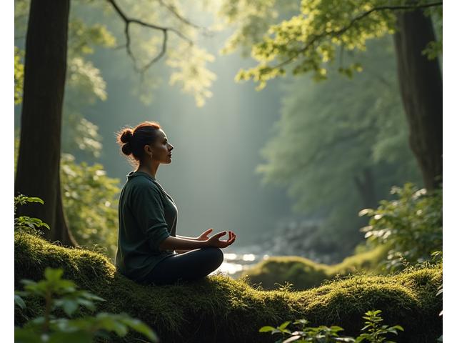 Person meditating peacefully in a serene Portland park