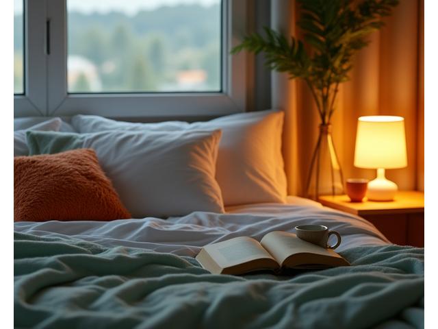 Peaceful bedroom scene with soft lighting and comfortable bedding