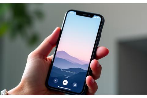 A smartphone screen displaying a mindfulness meditation app interface with a soothing landscape background.