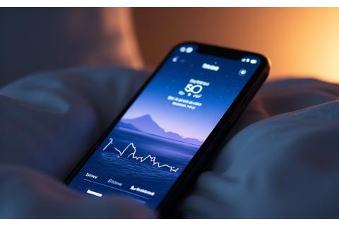 A smartphone screen displaying a sleep tracking and optimization app with sleep cycle graphs and calming visuals.