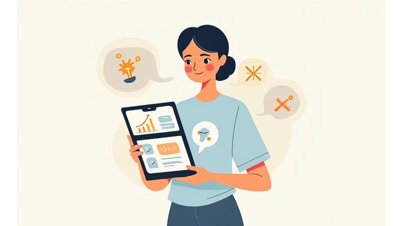 Illustration of a person reviewing a personalized mental wellness report on a tablet, with serene, abstract patterns in the background.