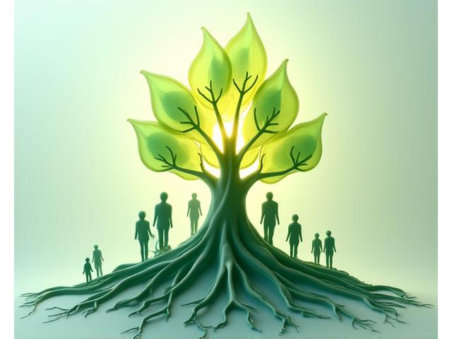 Strong, intertwined roots of a tree growing from abstract, stylized human figures, symbolizing growth, support, and deep emotional strength.