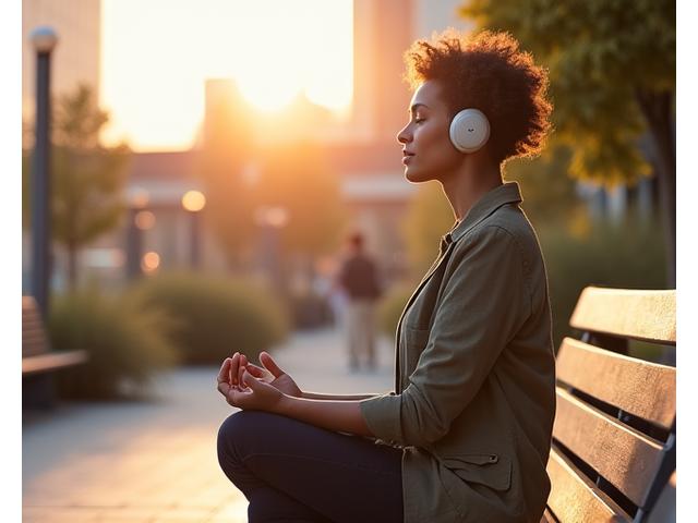 Person with headphones meditating calmly on a park bench in a bustling city, blurring the background to emphasize focus and inner peace.