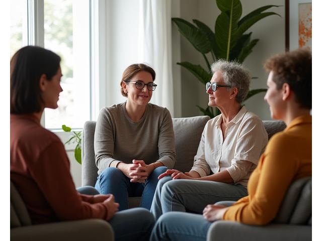 Two diverse adults having a supportive conversation with a mental health professional in a modern, comforting office setting, conveying empathy and trust.