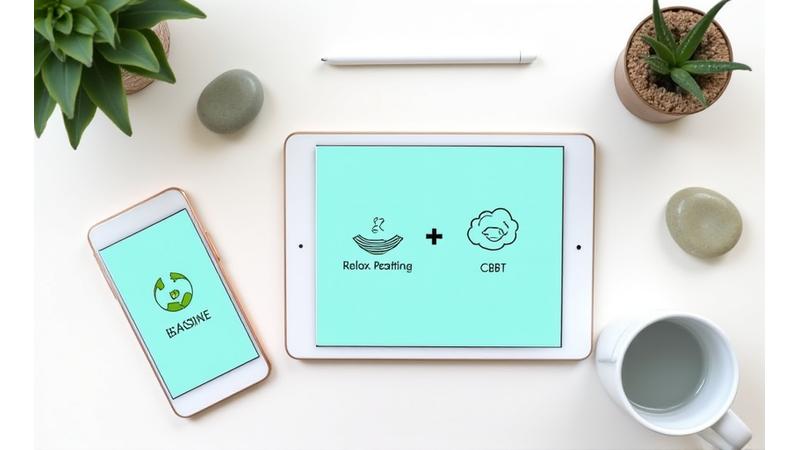 Set of digital tools and resources on a clean desktop, representing various stress reduction techniques like notebooks, deep breathing app icons, and calm colors.
